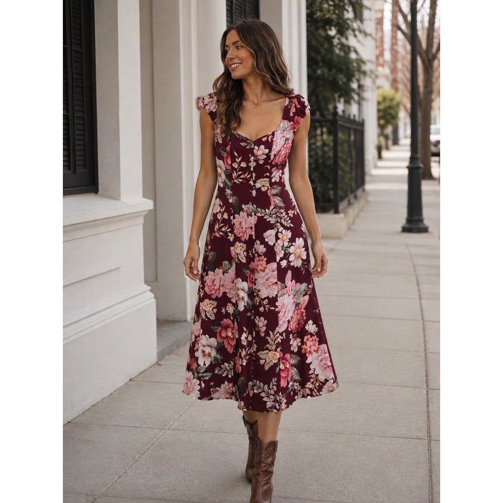 Majorelle Burgandy Floral XS Button Front Midi Dress Cottagecore